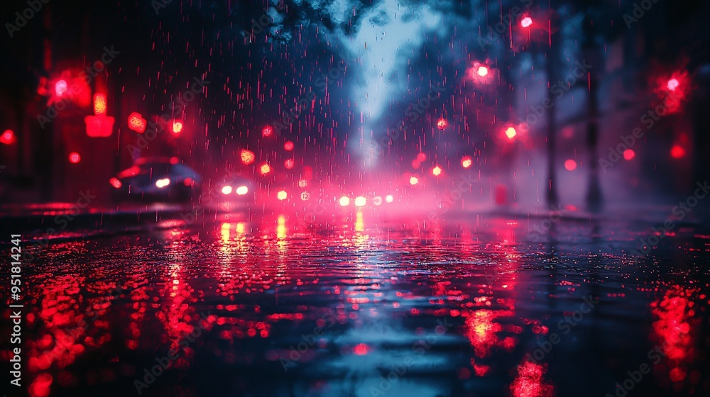 Fototapeta premium A moody Halloween night scene featuring a dark street reflecting neon lights on wet pavement, perfect for Halloween promotions or events with copy space.