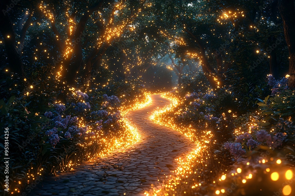 Naklejka premium A magical woodland path illuminated by brilliant lights, perfect for Halloween themed events or decorations, with copy space.