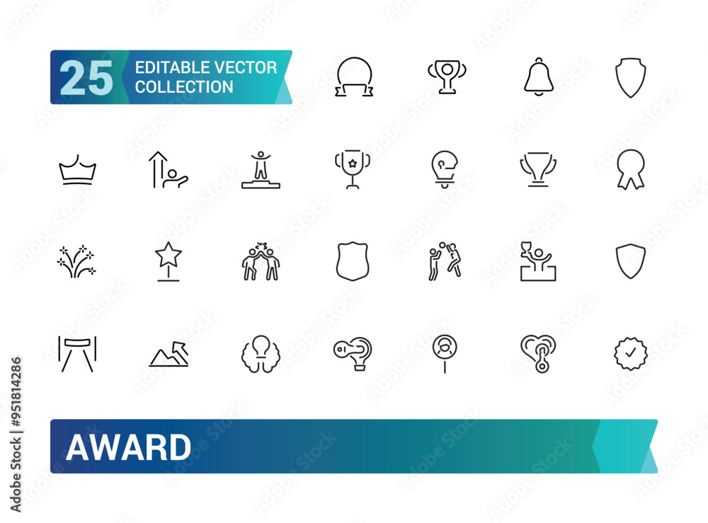 Award line icons. Winner medal, victory cup and trophy reward. Achievement linear icon set. Collection of minimalist icons representing various symbols of achievement and recognition. Award line icons. Winner medal, victory cup and trophy reward. Achievement linear icon set. Collection of minimalist icons representing various symbols of achievement and recognition.