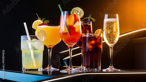 A set of summer cold drinks in glasses. On a black background