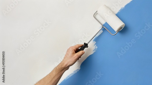 Hand Holding White Paint Roller on Blue Wall photo