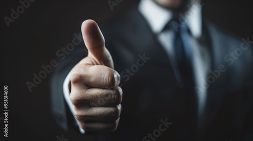 Confident Businessman in Suit Giving Thumbs Up with Blurred Dark Background