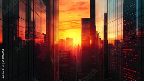 Sunset Reflecting on Smooth Glass Surfaces of Urban Skyscrapers