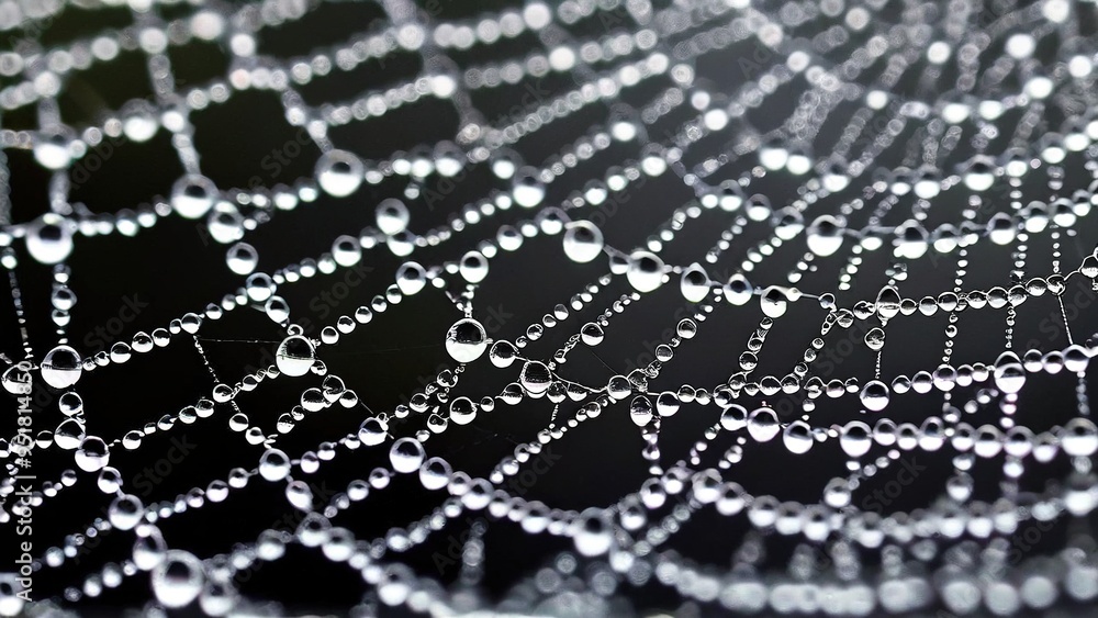 A spider web covered in dew drops, showcasing intricate design and delicate water droplets. A spider web covered in dew drops, showcasing intricate design and delicate water droplets.
