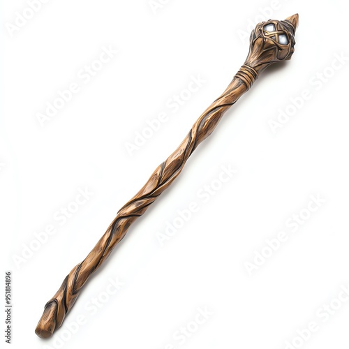 Ornate wooden staff with a carved head and intricate details.