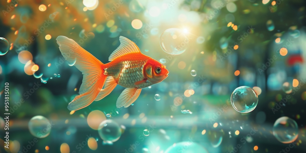 Flying goldfish surrounded by bubbles in a city park. Dreamlike with bold strokes, surreal colors, and magical elements creating a whimsical and captivating scene. 🐟✨🌳 Flying goldfish surrounded by bubbles in a city park. Dreamlike with bold strokes, surreal colors, and magical elements creating a whimsical and captivating scene. 🐟✨🌳