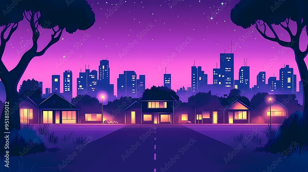Fototapeta premium A vibrant urban night scene with glowing homes and a purple sky.