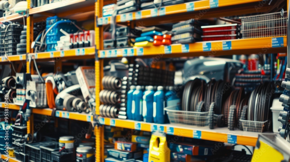 Brightly lit hardware store with vibrant yellow shelves packed with a wide assortment of tools and equipment, creating a bustling retail atmosphere. Brightly lit hardware store with vibrant yellow shelves packed with a wide assortment of tools and equipment, creating a bustling retail atmosphere.