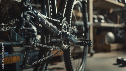 A close-up of a bicycle's drivetrain components in a dimly lit workshop, highlighting the intricate details of the gears and chain. photo