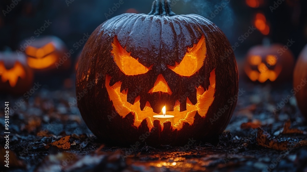 The carved pumpkin features a menacing expression, glowing with candlelight, surrounded by other jack-o'-lanterns in an eerie autumn setting. The carved pumpkin features a menacing expression, glowing with candlelight, surrounded by other jack-o'-lanterns in an eerie autumn setting.