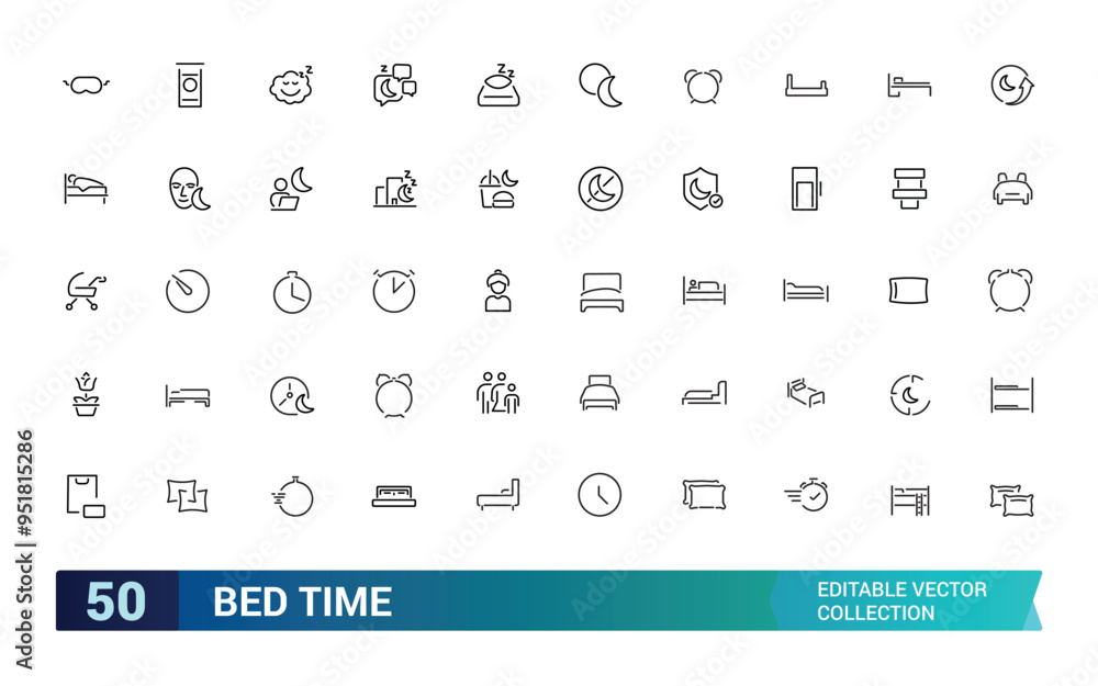 Bed time and sleeping thin line outline icons. Dream and bedtime, sheep and mask for sleep illustration. Editable stroke icons. Bed time and sleeping thin line outline icons. Dream and bedtime, sheep and mask for sleep illustration. Editable stroke icons.