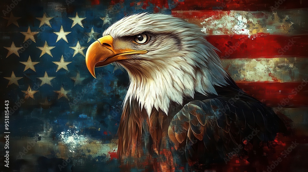 Fototapeta premium majestic bald eagle head seamlessly blending into waving american flag patriotic color scheme bold stars and stripes pattern powerful symbol of freedom and national pride