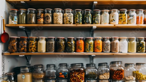 Wallpaper Mural A shelf stocked with an array of glass jars filled with various dried foods and spices, presenting an organized and rustic charm. Torontodigital.ca