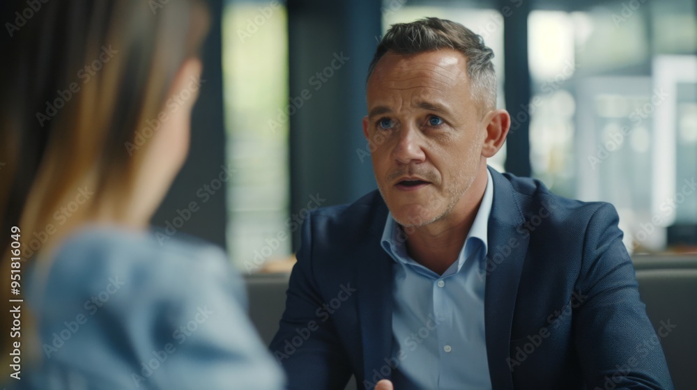 Professional businessman in his thirties discussing with a female colleague during an office meeting, showcasing collaboration and communication in modern business environment Professional businessman in his thirties discussing with a female colleague during an office meeting, showcasing collaboration and communication in modern business environment