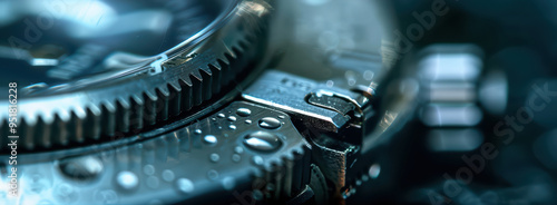 Close-up of a sleek watch with water droplets, highlighting its intricate details and metallic texture.
