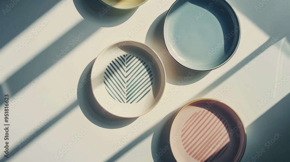 Light creating abstract patterns as it passes through ceramic bowls of various pastel colors arranged neatly on a white surface. Light creating abstract patterns as it passes through ceramic bowls of various pastel colors arranged neatly on a white surface.