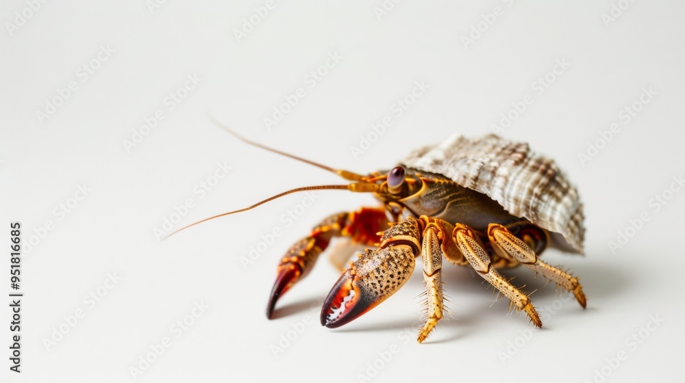A hermit crab with its shell poised on a plain white background, highlighting the intricate details of its exoskeleton and natural beauty. A hermit crab with its shell poised on a plain white background, highlighting the intricate details of its exoskeleton and natural beauty.