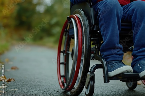 Close up child with cerebral palsy using a wheelchair enjoying a walk in nature. 