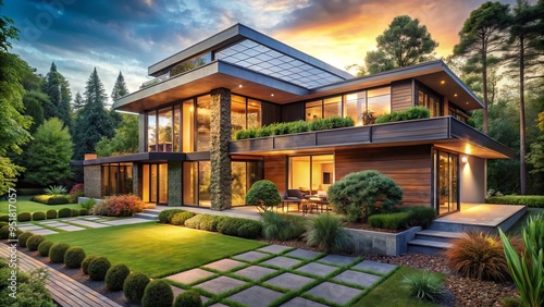 Wallpaper Mural A sleek, modern home nestled in a verdant landscape showcases innovative sustainability with solar panels and energy-efficient design, evoking serenity and connection. Torontodigital.ca