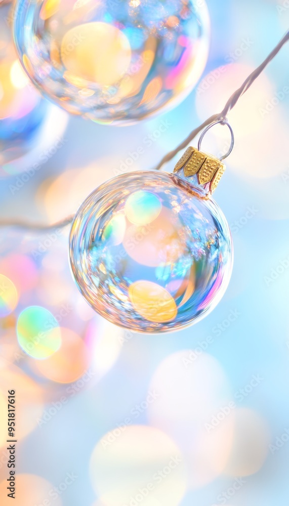 Fototapeta premium A shimmering ornament reflecting colorful lights, perfect for festive celebrations and holiday decorations.