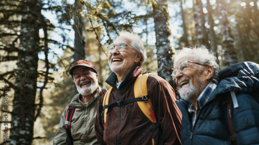 Three elderly men, equipped for a hike, share a laugh in a sun-dappled forest, exuding friendship, adventure, and the joy of outdoor activities. Three elderly men, equipped for a hike, share a laugh in a sun-dappled forest, exuding friendship, adventure, and the joy of outdoor activities.