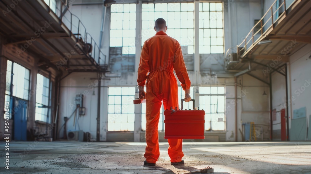 A solitary worker in orange safety gear stands in a large abandoned factory, holding tools, ready to begin the restoration, evoking a sense of resilience and determination. A solitary worker in orange safety gear stands in a large abandoned factory, holding tools, ready to begin the restoration, evoking a sense of resilience and determination.