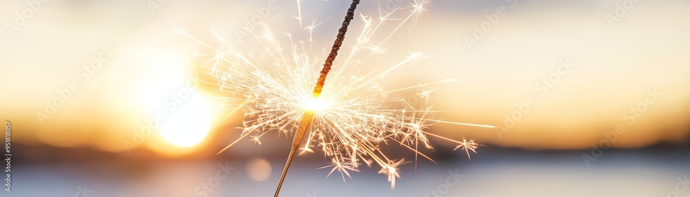 Obraz premium A sparkling sparkler glows against a sunset, creating a festive and magical atmosphere for celebrations and special occasions.