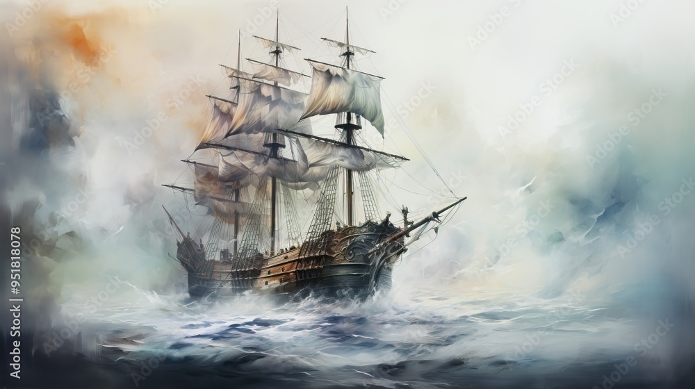 Obraz premium A majestic ship sailing through turbulent waters, capturing the essence of maritime adventure and the beauty of the ocean.