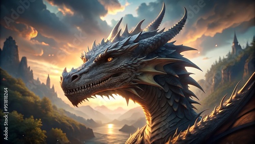 dragon cinematic close up with river and mountains on the background