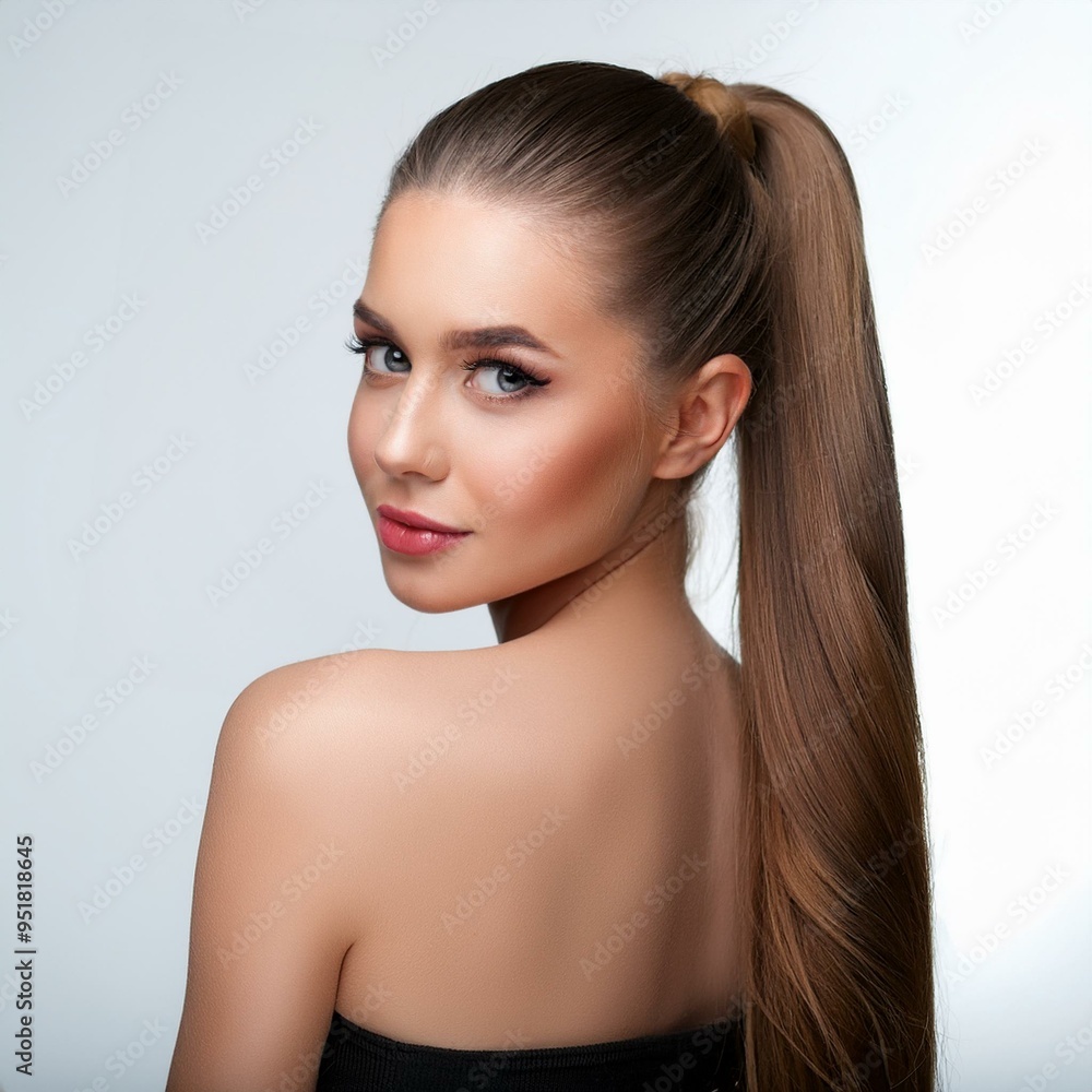 Fototapeta premium young English woman with ponytail hair, AI generated