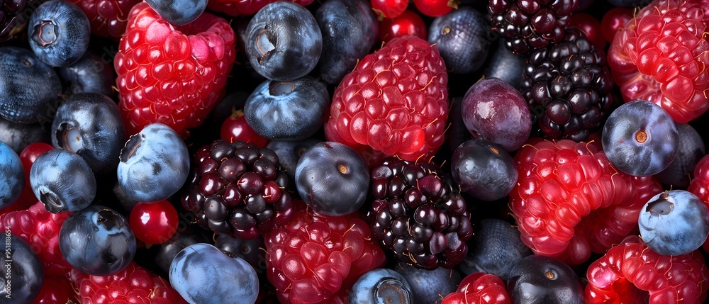 Close-Up of Mixed Berries Including Blueberries, Raspberries, and Blackberries in a Vibrant, High-Definition Horizontal Layout, Highlighting Freshness and Organic Quality Close-Up of Mixed Berries Including Blueberries, Raspberries, and Blackberries in a Vibrant, High-Definition Horizontal Layout, Highlighting Freshness and Organic Quality