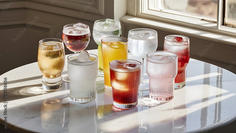 Glasses of different refreshing soda water with ice cubes on white marble table Glasses of different refreshing soda water with ice cubes on white marble table