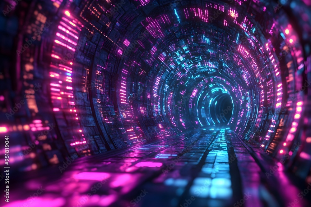 Fototapeta premium Glowing Quantum Tunnel Network Holographic Data Streams and Enigmatic Cipher Symbols Illuminating a
