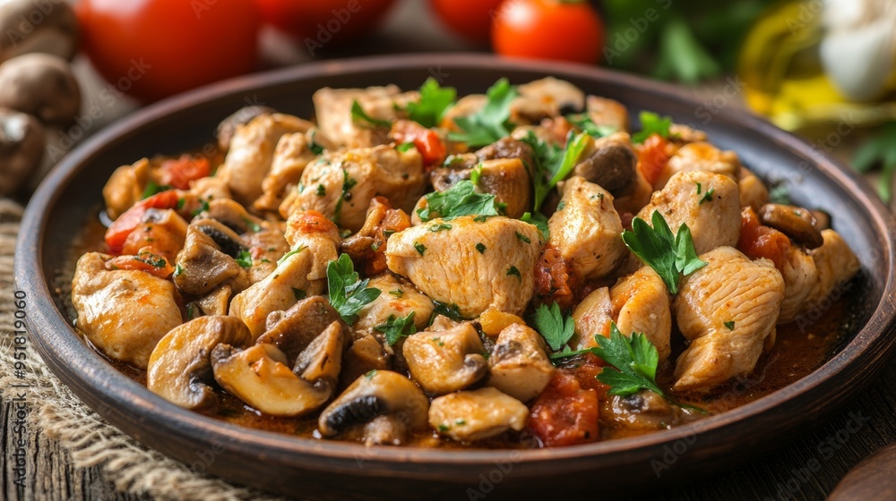 Bulgarian national cuisine: Chicken with mushrooms in a hunting style. Bulgarian national cuisine: Chicken with mushrooms in a hunting style.