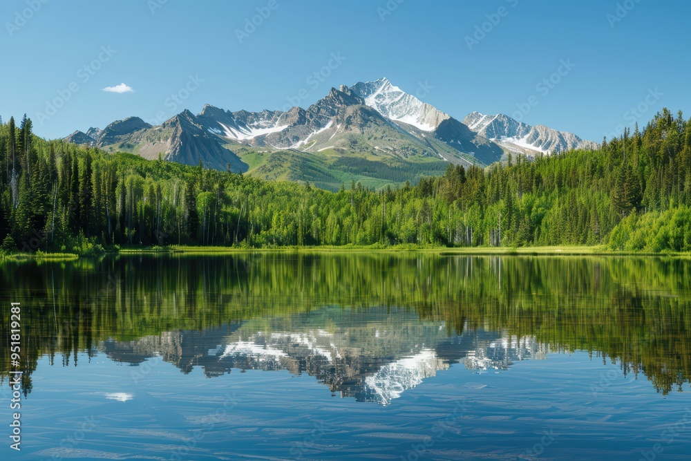 Serene mountain landscape reflected in calm lake, surrounded by lush greenery and clear blue sky, perfect for nature lovers. Serene mountain landscape reflected in calm lake, surrounded by lush greenery and clear blue sky, perfect for nature lovers.