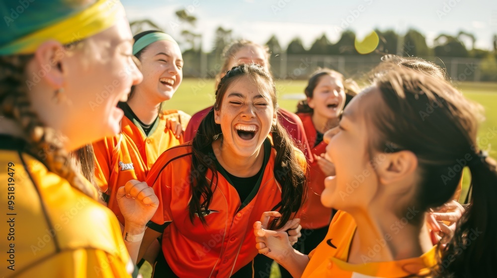 Obraz premium Energetic young women in bright sports jerseys huddle and cheer on the field, epitomizing team spirit, enthusiasm, and unity in a moment of celebration.