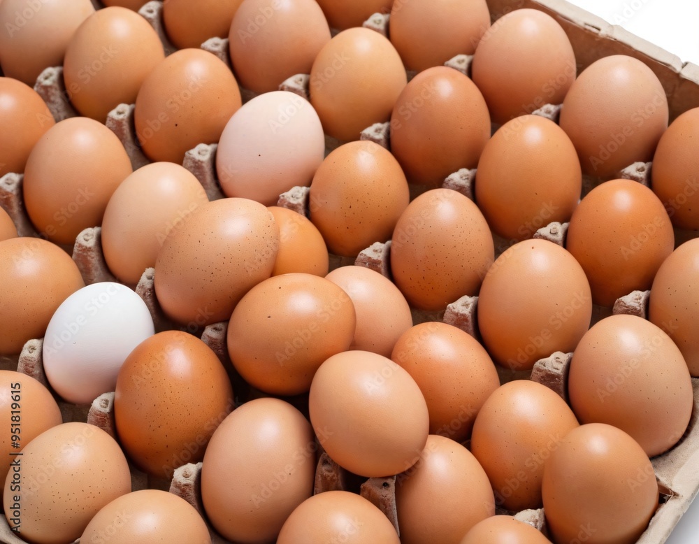 Brown chicken eggs in egg box isolated on white background, top view. Ai generated image Brown chicken eggs in egg box isolated on white background, top view. Ai generated image
