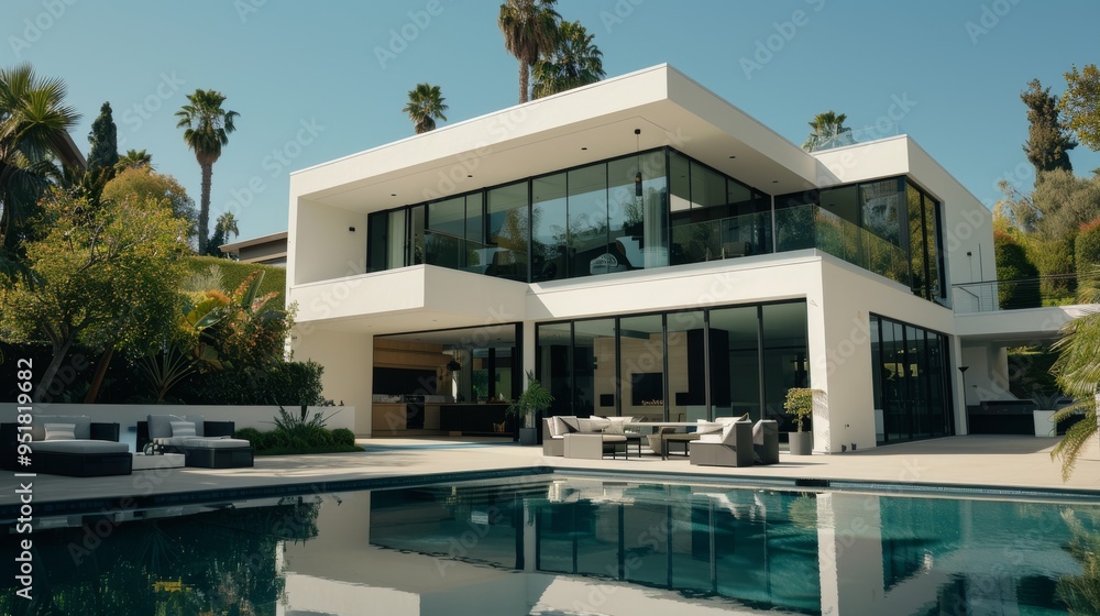 Obraz premium A sleek, ultra-modern mansion with clean lines, glass doors, and a large swimming pool surrounded by palm trees, offering a luxurious and serene environment.