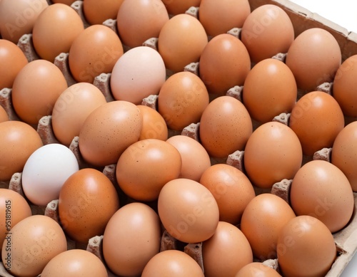 Brown chicken eggs in egg box isolated on white background, top view. Ai generated image