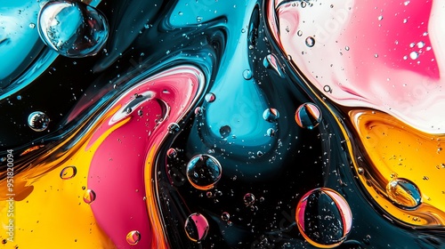 Colorful abstract liquid patterns with bubbles in vibrant hues and textures