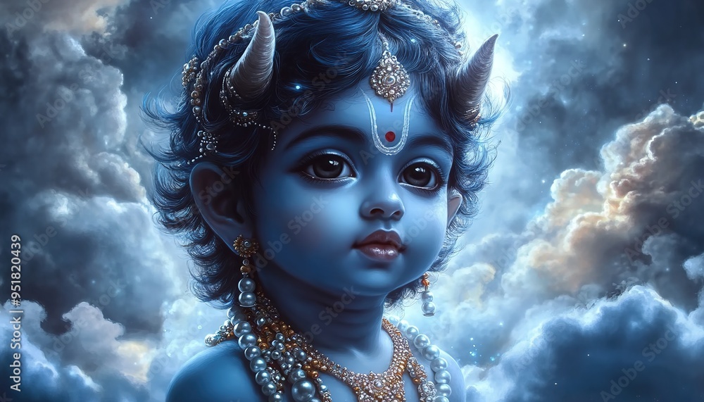 A beautiful painting of the adorable baby Lord Krishna in blue with pearls
A beautiful painting of the adorable baby Lord Krishna in blue with pearls