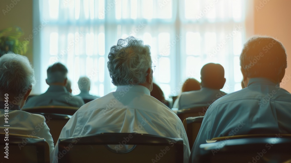 Obraz premium Attendees seated in rows, illuminated by soft sunlight streaming through large windows, create a serene ambiance for the conference.