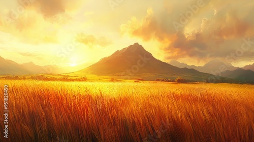 Golden sunset over a mountain range with vibrant wheat fields in the foreground