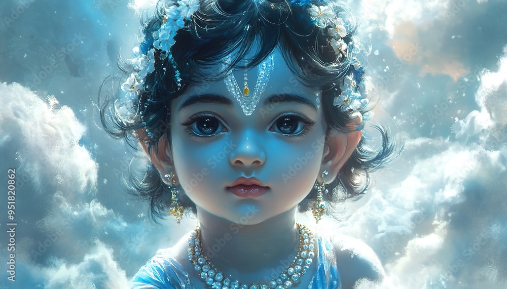 A beautiful painting of the adorable baby Lord Krishna in blue with pearls
A beautiful painting of the adorable baby Lord Krishna in blue with pearls