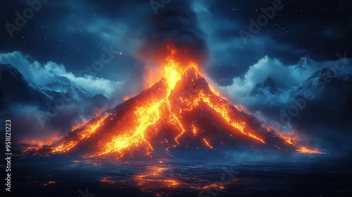 majestic volcano eruption against starry night sky vibrant lava flow billowing ash cloud dramatic lighting from molten rock isolated on dark background