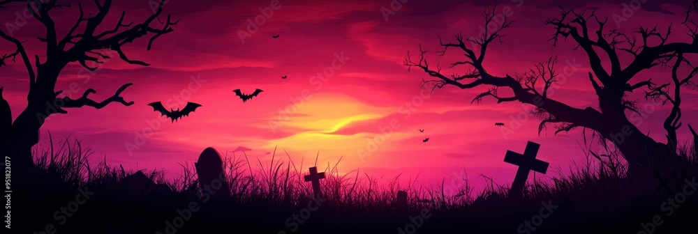 Spooky Halloween Sunset with Birds Flying and Silhouetted Trees - Atmospheric for Event Backgrounds Spooky Halloween Sunset with Birds Flying and Silhouetted Trees - Atmospheric for Event Backgrounds