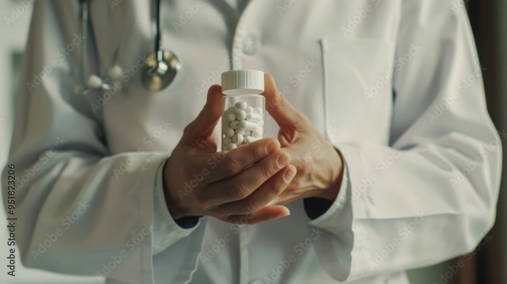 A doctor in a white coat holding a bottle of prescription pills, highlighting the importance of healthcare and medical advice. A doctor in a white coat holding a bottle of prescription pills, highlighting the importance of healthcare and medical advice.