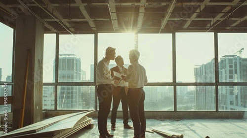 Three business professionals stand in a sunlit, unfinished office space, engaged in discussion, symbolizing collaboration and future plans.