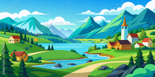 Nature Cartoon Scenery Summertime. Panoramic Rural Countryside by River with Clear Sky in the Morning. Spring Landscape at Village by The Lake with Green Fields, Mountain, Blue Sky and Clouds. 