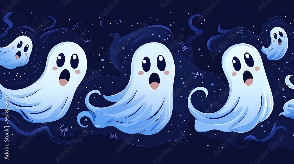The image features friendly ghosts floating in a dark blue starry night sky, surrounded by sparkling stars and wisps, creating a mystical and whimsical atmosphere. The image features friendly ghosts floating in a dark blue starry night sky, surrounded by sparkling stars and wisps, creating a mystical and whimsical atmosphere.